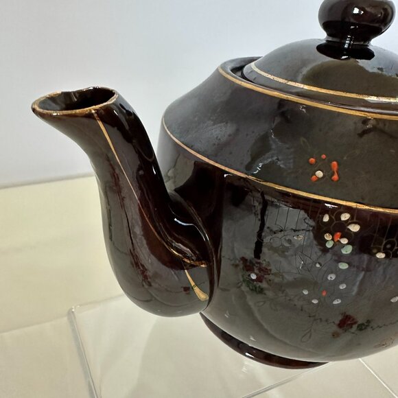 1940 - 1950's Vintage Japanese Moriage Teapot Brown Betty Style Glazed Gold Trim - Picture 4 of 14